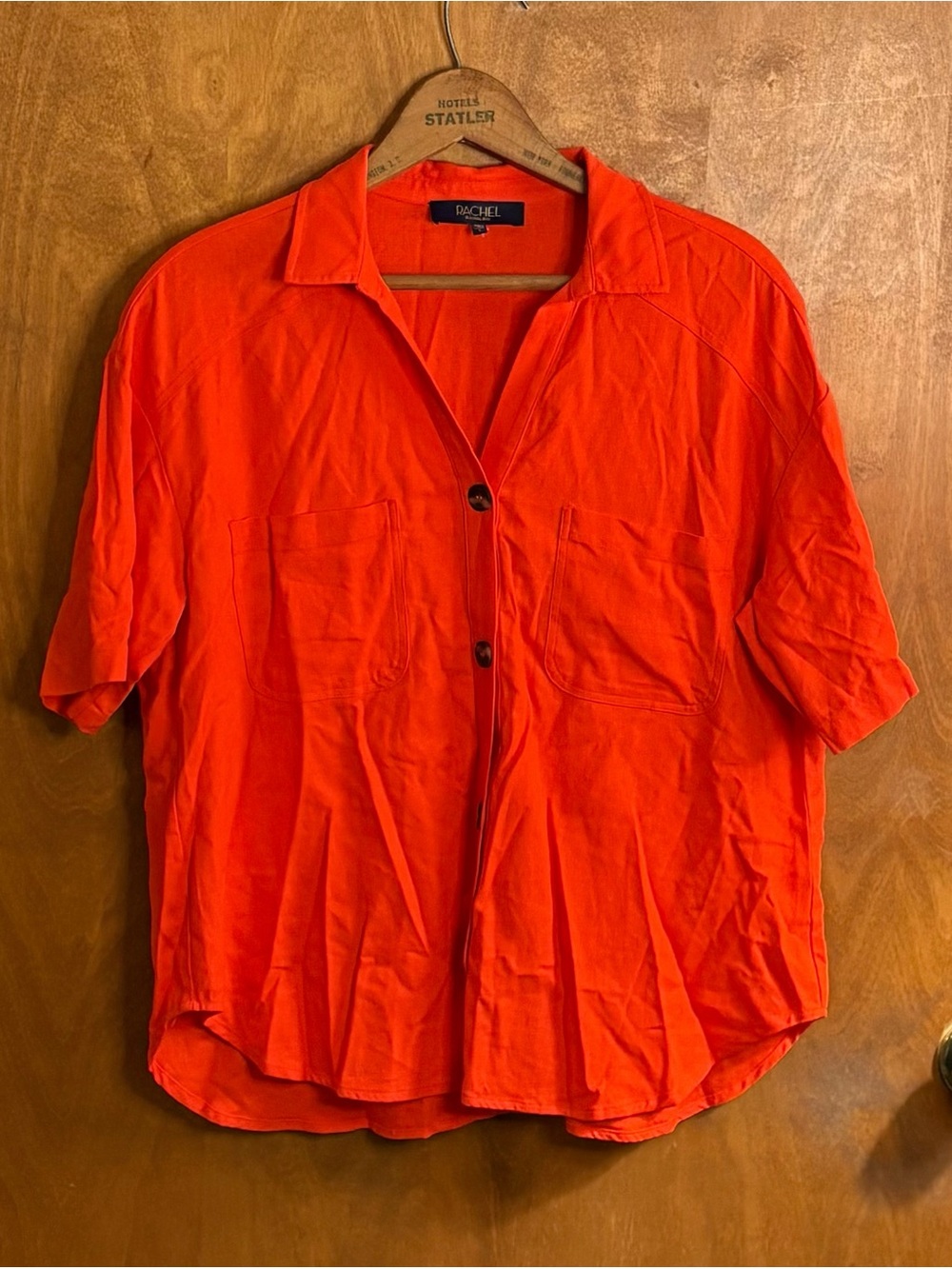 Rachel Roy Orange Button Down Linen Shirt Oversized Boxy Top Boho Artsy Preppy